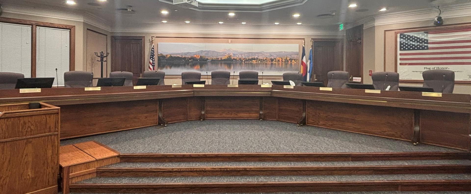 Council Chambers view of dais