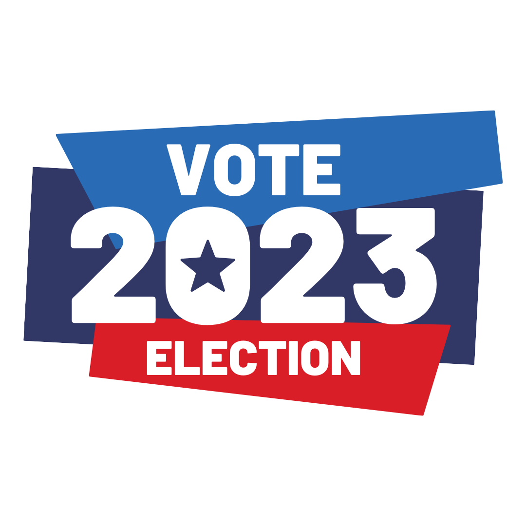 Multicolored geometric shapes that read, "Vote 2023 Election."