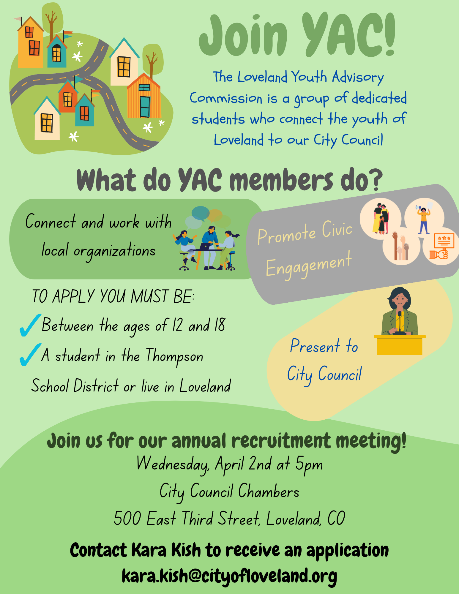 Illustrated flyer promoting the Loveland Youth Advisory Commission recruitment meeting. Event details list the date as Wednesday, April 2 at 5 p.m. at Loveland City Council Chambers. The flyer encourages youth ages 12–18 to get involved in civic engagement and contact Kara Kish for more information.