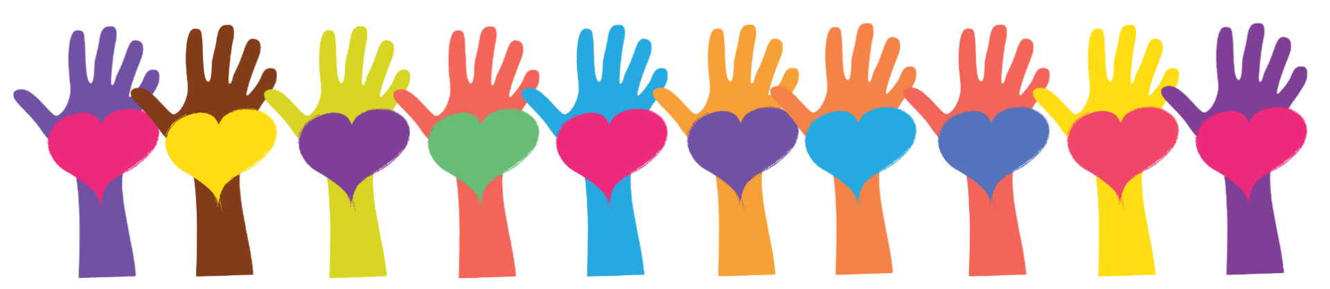 graphic of colorful hands and hearts in a line