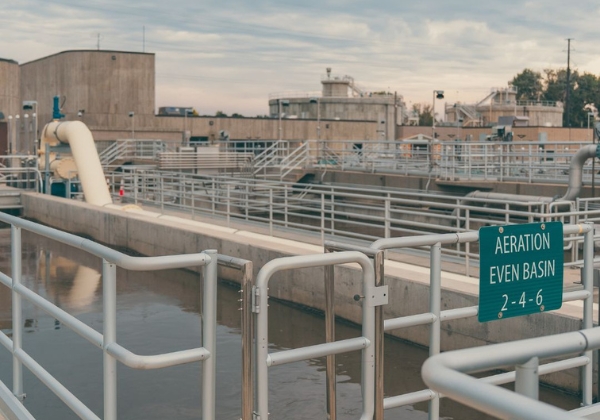 Looking down at water basins at the water reclamation facility.