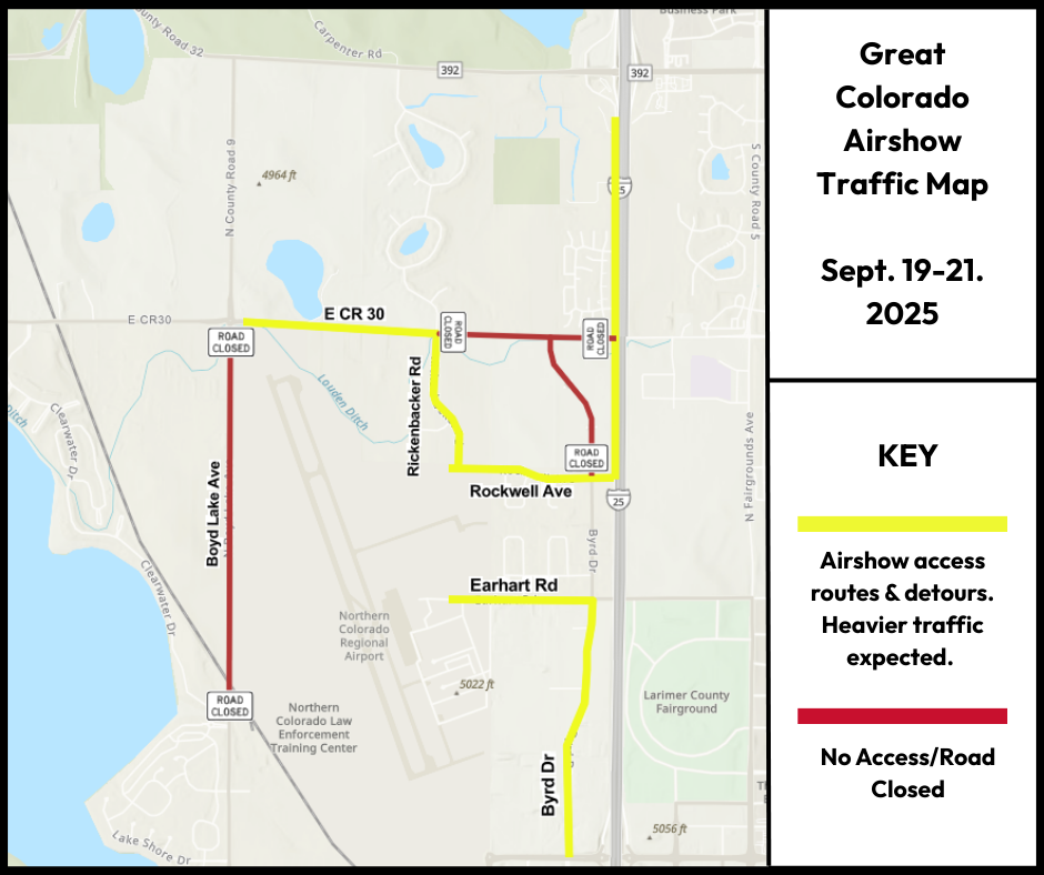a map of road closures and detour routes for the 2025 Great Colorado Air show at the Northern Colorado Regional Airport